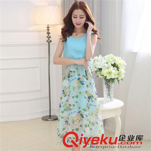 6月1期 2015夏季女裝新款印花裙子中長(zhǎng)款波西米亞碎花裙無(wú)袖雪紡連衣裙