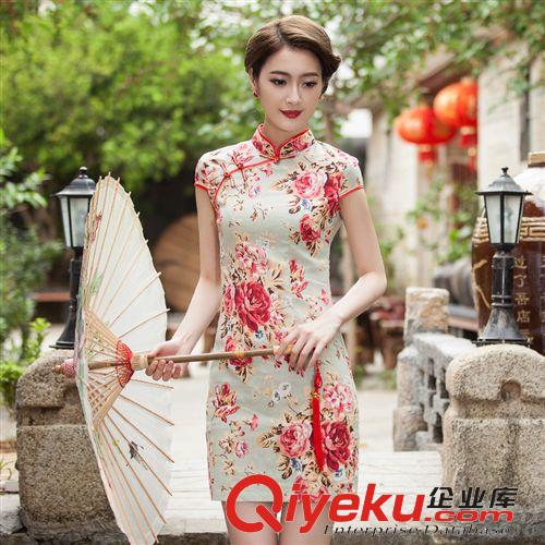 旗袍  名族風 2015夏季女裝新款文藝復古棉麻女裝手繪棉麻修身改良旗袍連衣裙