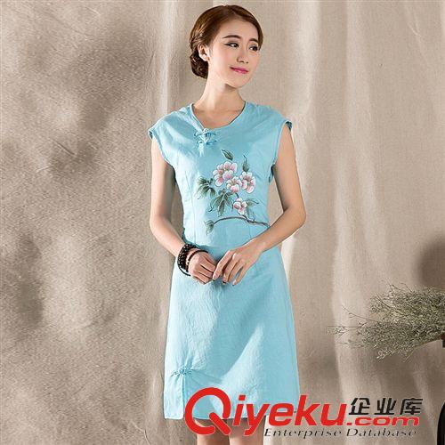 旗袍  名族風 2015夏季女裝新款文藝復古棉麻女裝手繪棉麻修身改良旗袍連衣裙