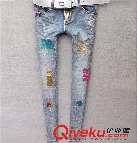 牛仔褲 休閑褲打底褲 歐洲站2015夏季女裝新款意大利燙金磨破彈力牛仔小腳鉛筆褲女潮