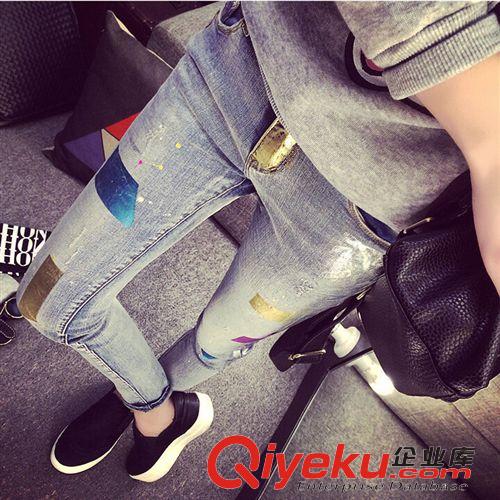 牛仔褲 休閑褲打底褲 歐洲站2015夏季女裝新款意大利燙金磨破彈力牛仔小腳鉛筆褲女潮