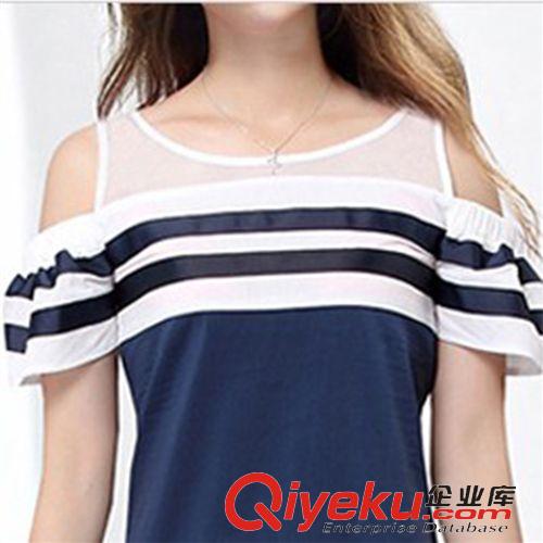 掌柜推薦 2015夏季新款大碼女裝時尚海軍風條紋露肩網(wǎng)紗包臀連衣裙原始圖片2