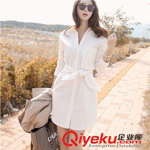 女式襯衫 2015春季新款簡(jiǎn)約時(shí)尚蝴蝶結(jié)系帶翻領(lǐng)長(zhǎng)袖連衣裙白色襯衫裙