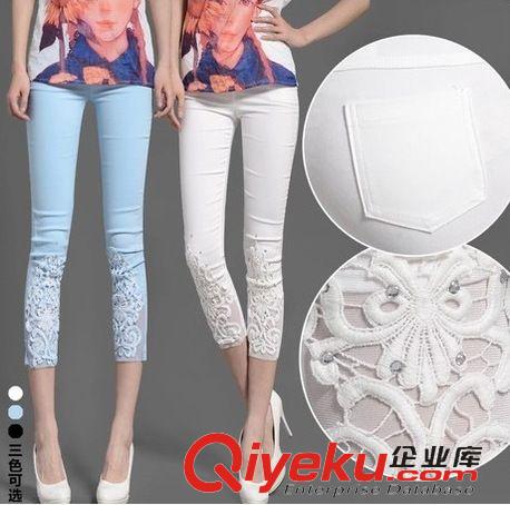 女式下裝 夏裝蕾絲鉤花糖果色外穿女裝小腳鉛筆韓版女七分打底褲 廠家直銷