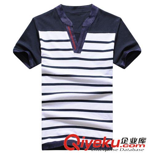 上裝 男式短袖t恤夏季新款青年男裝男士條紋V領韓版青春流行全棉男T恤