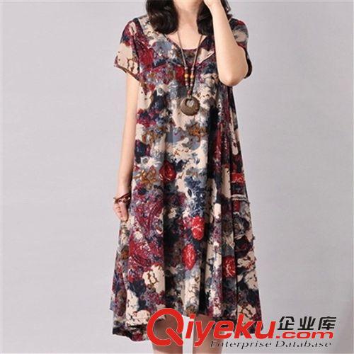 棉麻專區 2015夏季新款女裝韓版大碼寬松中長裙 棉麻印花文藝連衣裙原始圖片2