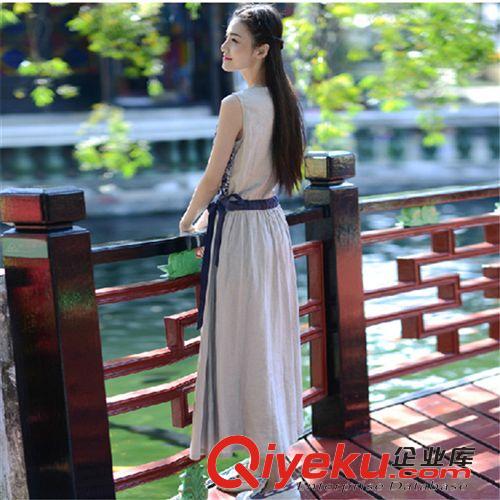 連衣裙 2015新款夏季zp女裝 系帶背心中長裙 文藝?yán)C花無袖棉麻連衣裙原始圖片3
