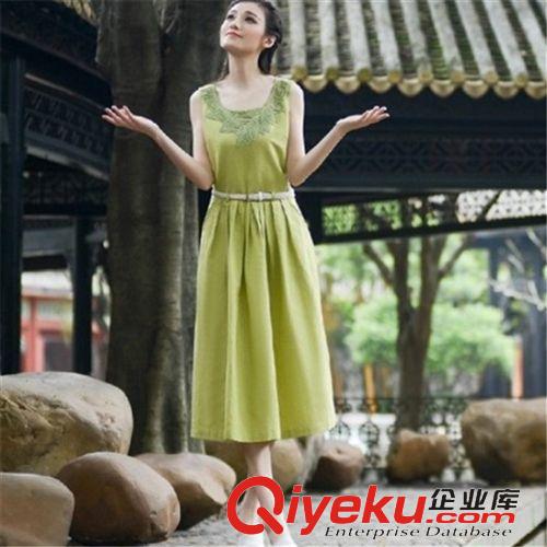 連衣裙 2015新款夏季zp女裝 系帶背心中長裙 文藝?yán)C花無袖棉麻連衣裙