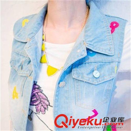 牛仔專區 2015新款彩色刺繡數字破洞無袖牛仔馬甲牛仔衣女外套 休閑原始圖片2