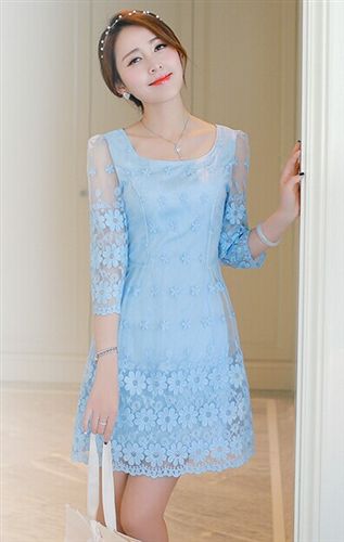連衣裙 2015春裝新款女裝韓版大碼氣質修身顯瘦歐根紗印花蕾絲連衣裙原始圖片3