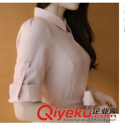 2015.3.28新款品質(zhì)保證 2015春夏女裝粉色雪紡襯衫連衣裙 韓版中長(zhǎng)款修身收腰襯衣裙子原始圖片3