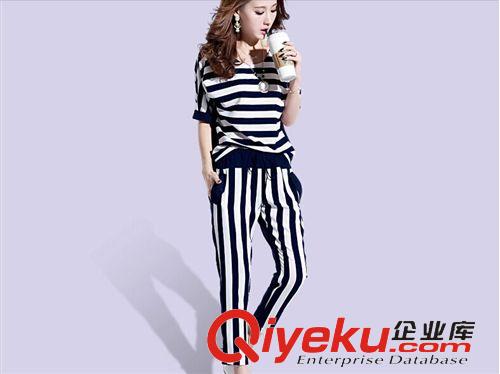 2015.3.30新款不間斷！ 2015春夏季新款韓版女裝OL氣質(zhì)修身顯瘦條紋兩件套裝女薄款原始圖片3