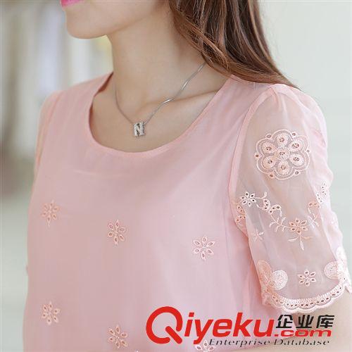 2015.4.10新款 2015韓版大碼女裝修身歐根紗刺繡女短袖雪紡衫上衣原始圖片3