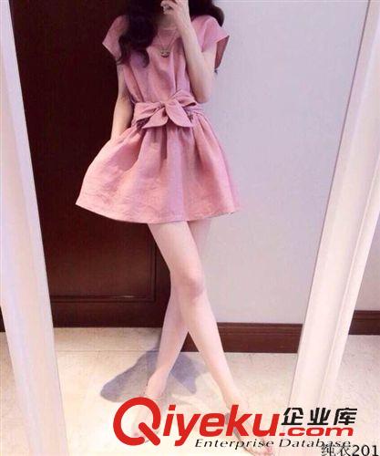 2015.4.16新款 2015夏季時尚新款韓版棉麻大碼顯瘦大腰帶蝴蝶結短款連衣裙原始圖片3
