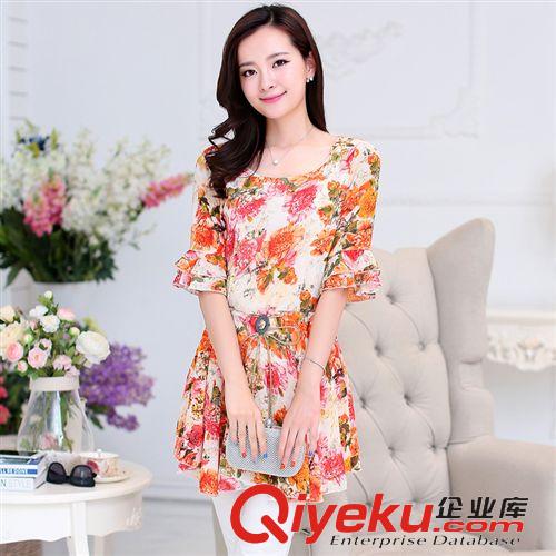 2015.5.18新款 實拍2015新款顯瘦女裝修身中長雪紡衫印花色上衣大碼連衣裙