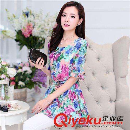 2015.5.18新款 實拍2015新款顯瘦女裝修身中長雪紡衫印花色上衣大碼連衣裙