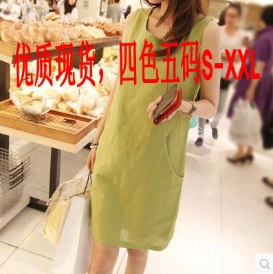 2015.5.22新款 2015韓國春夏季新款大碼女裝 棉麻中長款純色連衣裙背心裙