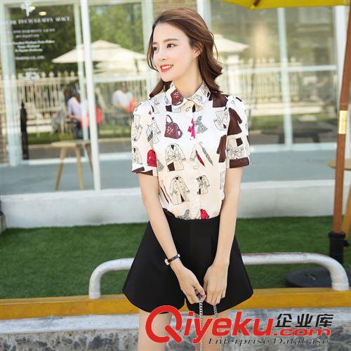 2015.5.23新款 實拍2015新款女裝通勤氣質性感花襯衫紅色闊腿短褲時尚休閑套裝原始圖片2