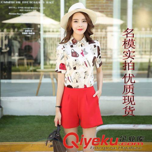 2015.5.23新款 實拍2015新款女裝通勤氣質性感花襯衫紅色闊腿短褲時尚休閑套裝原始圖片3