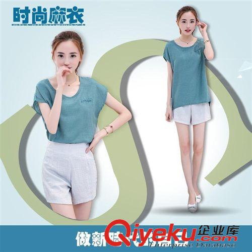 2015.5.24新款 2015實拍歐洲站夏季胖mm大碼亞棉麻休閑圓領T恤高腰顯瘦短褲套裝原始圖片3