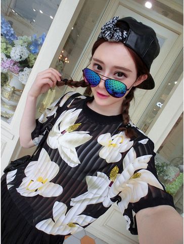     5月新款 2015夏季新款韓版女裝小清新花朵ts雪紡衫清涼超薄款寬松雪紡衫原始圖片2