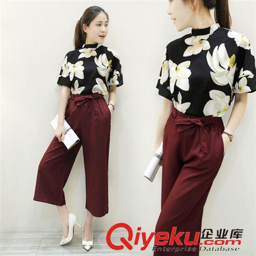    淘寶爆款 2015夏季新款歐美女裝棉麻印花寬松短袖圓領T恤闊腿褲時尚套裝女原始圖片2