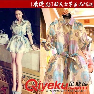 4月21日上新 2015歐洲站夏季新款韓版女士修身中袖水彩印花歐根紗雪紡連衣裙原始圖片2