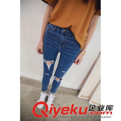     牛仔系列 2015夏季新款韓版女士膝蓋破洞牛仔褲小腳褲緊身修身鉛筆褲九分褲