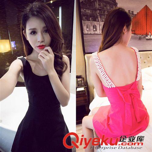    夜店名媛時裝 2015夏季新款名媛風(fēng)純手工訂珠蝴蝶結(jié)無袖百搭修身顯瘦高腰連衣裙