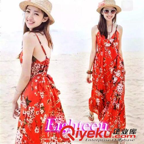 連衣裙 2015 夏季新款 性感女神波西米亞 碎花 吊帶深V低胸 沙灘中長裙
