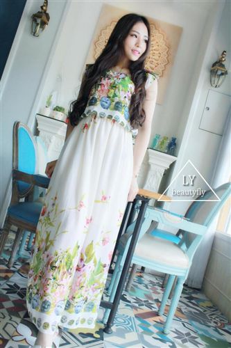 連衣裙 2015夏季新款歐洲站夏裝圓領(lǐng)復(fù)古 油畫 印花飛邊袖雪紡連衣裙長(zhǎng)裙