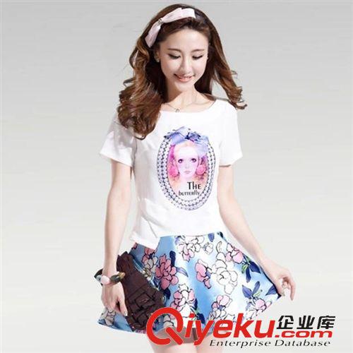 店主推薦 2015時尚夏天美女印花兩件套新款套裝女裝小清新氣質韓系連衣裙