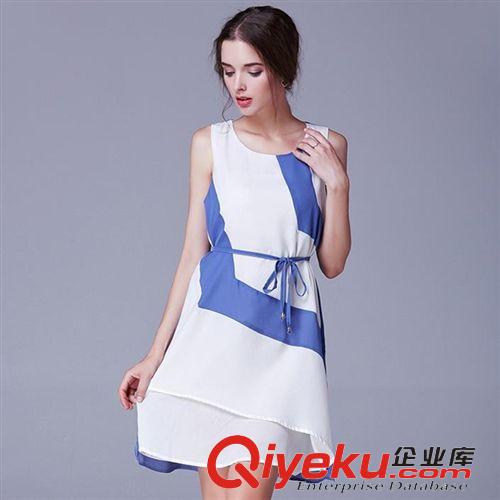 {zx1}款 2015時(shí)尚歐美夏季新品女裝無(wú)袖顯瘦修身拼接雪紡連衣裙女一件代發(fā)