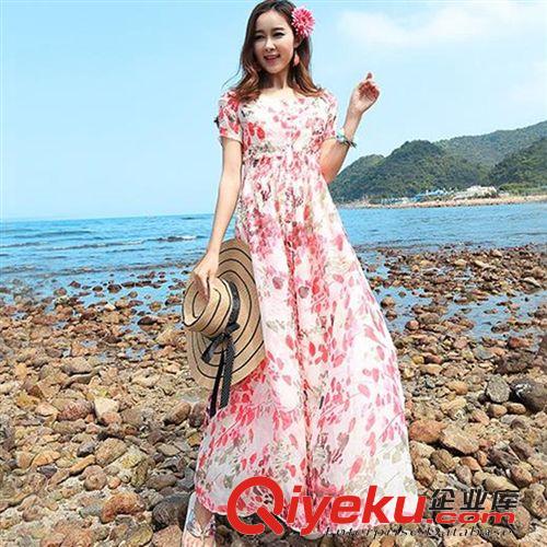5月9日新款 2015時尚夏裝碎花真絲雪紡露肩波西米亞長裙海邊度假裙沙灘裙爆款