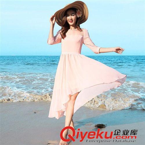 5月7日新款 2015時尚新款韓版修身長裙紗網拼接圓領中長款不規則雪紡連衣裙女原始圖片2