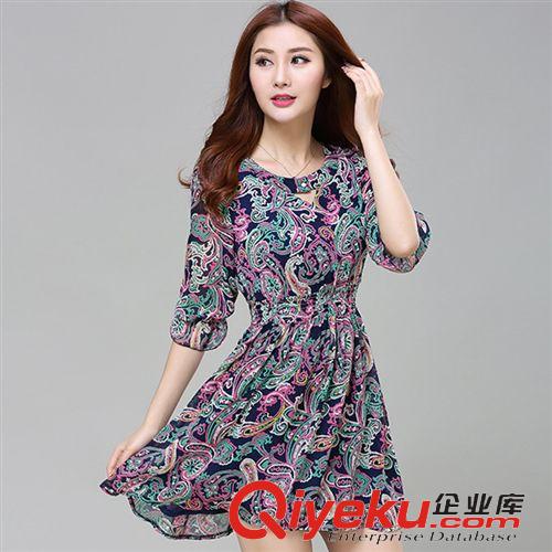 5月3日新款 2015時(shí)尚夏季新款淑女五分袖修身印花雪紡短款連衣裙爆款一件代發(fā)
