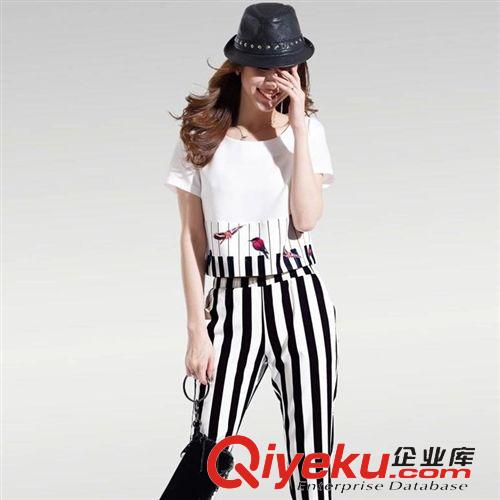 5月1日新款 2015時尚夏季新款歐美黑白鋼琴條紋套裝短袖兩件套裝爆款一件代發原始圖片2