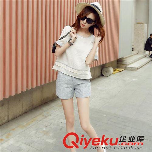限時{qg}區 2015歐洲站夏季短袖棉麻時尚休閑兩件套氣質名媛亞麻短褲套裝女原始圖片2