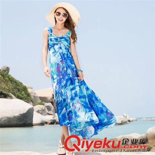 波西米亞 2015夏季新款度假沙灘裙長裙波西米亞連衣裙雪紡印花女海邊長裙子