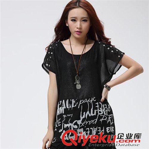 T恤 2015胖mm夏裝新款大碼女裝歐美T恤女短袖潮長(zhǎng)款寬松雪紡T恤原始圖片3