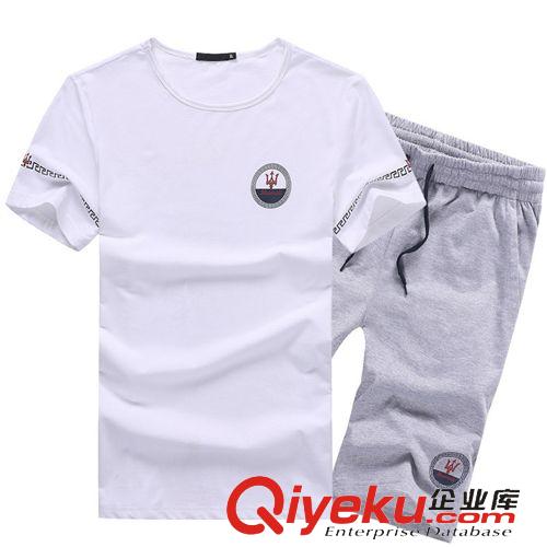 男款運(yùn)動套裝 男裝新款 圓領(lǐng)短袖純色男式休閑套裝 直筒舒適透氣男士t恤套裝