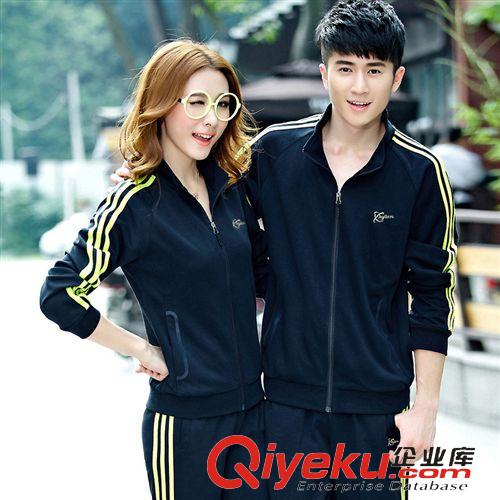 情侶運(yùn)動套裝 春秋新品條紋拼色男女式立領(lǐng)套裝 直筒休閑運(yùn)動情侶套裝 套裝批發(fā)原始圖片3