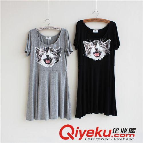◤夏款◥ 新款女裝圓領百搭可愛大貓頭莫代爾短袖連衣裙廠家直銷原始圖片3