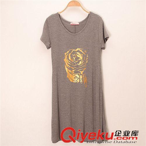◤夏款◥ 韓版寬松時尚莫代爾連衣裙玫瑰花印花短袖連衣裙大碼裙子批發原始圖片2