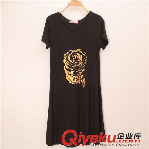 ◤夏款◥ 韓版寬松時尚莫代爾連衣裙玫瑰花印花短袖連衣裙大碼裙子批發原始圖片3
