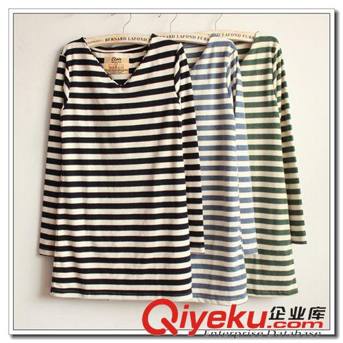 ◤春款◥ 2014秋季新品淘寶爆款中長款條紋長袖V領(lǐng)T恤修身中長款打底衫批發(fā)