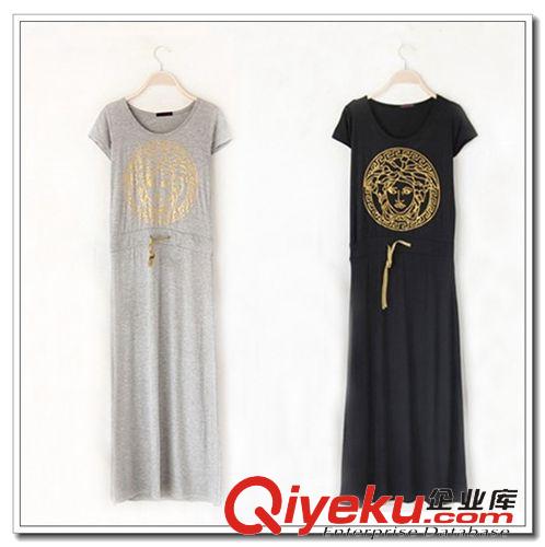 打底褲 夏季新款女裝韓版美杜莎印花燙金短袖莫代爾抽繩連衣裙長(zhǎng)裙批發(fā)