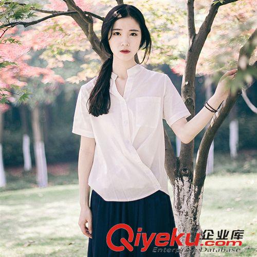 5.9 2015夏季新款文藝范小清新V領(lǐng)短袖修身棉麻女士襯衫原始圖片3
