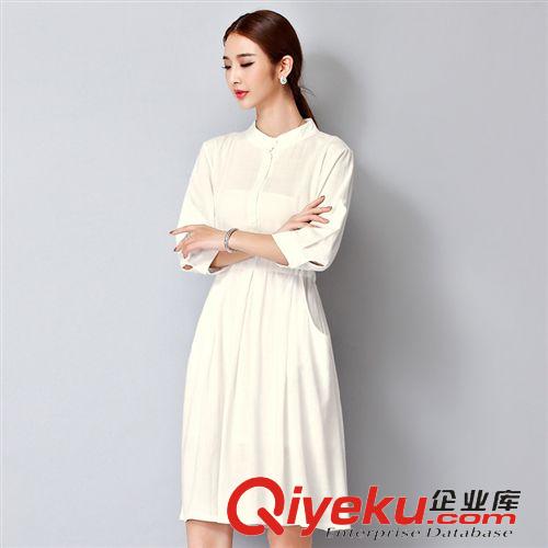 棉麻系列 2015夏季新款優(yōu)雅女裝松緊腰棉麻連衣裙中長款亞麻短袖裙子原始圖片3