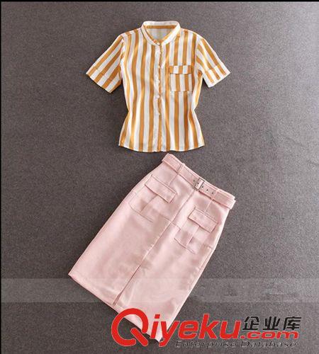 明星同款 明星同款2015夏季女裝套裝 韓版條紋雪紡上衣+開叉包臀半身裙套裝原始圖片2